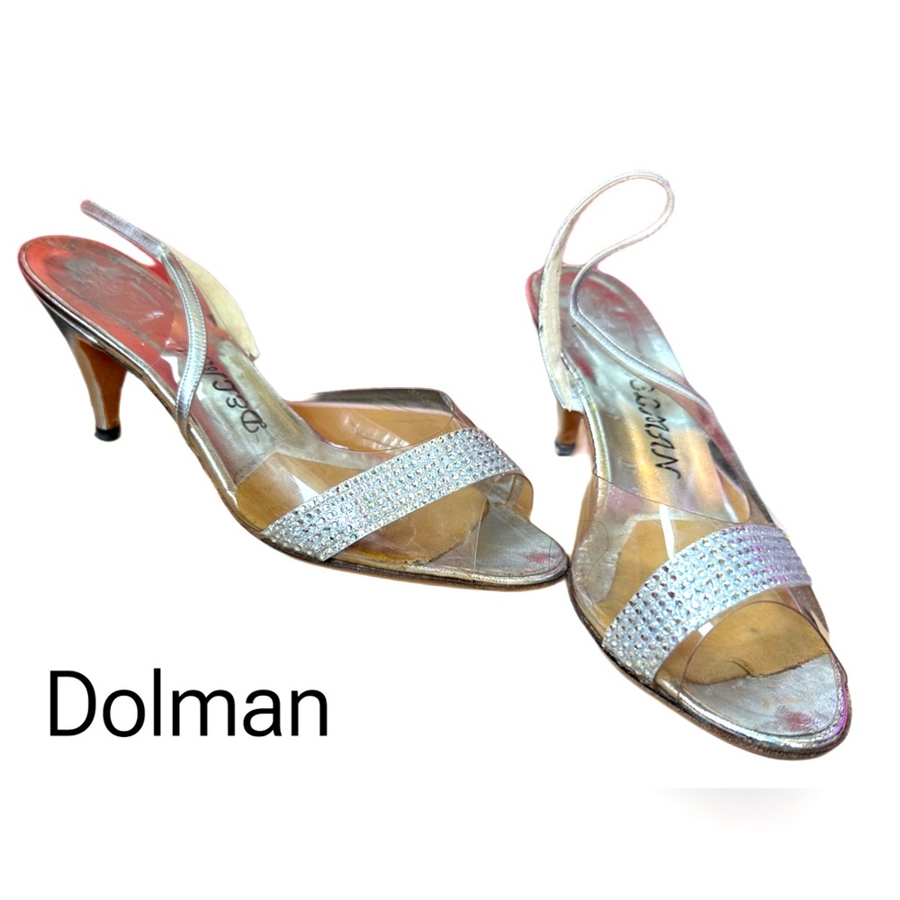 Dressy sandals, silver metallic leather heal. Rhinestone over clear.